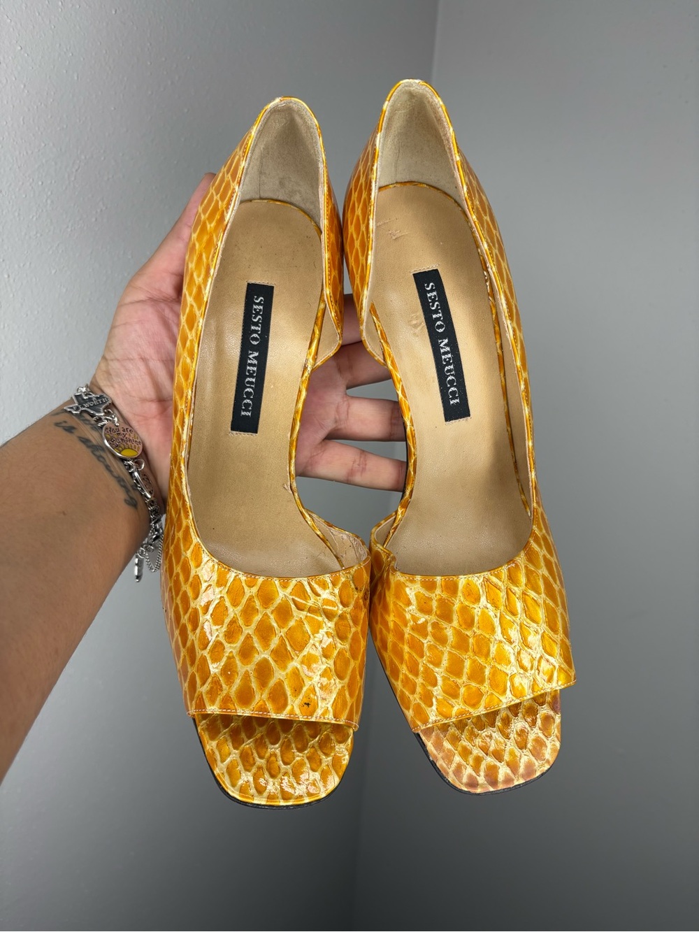Vintage Sesto Meucci Yellow Snake-Embossed Peep-Toe Pumps
